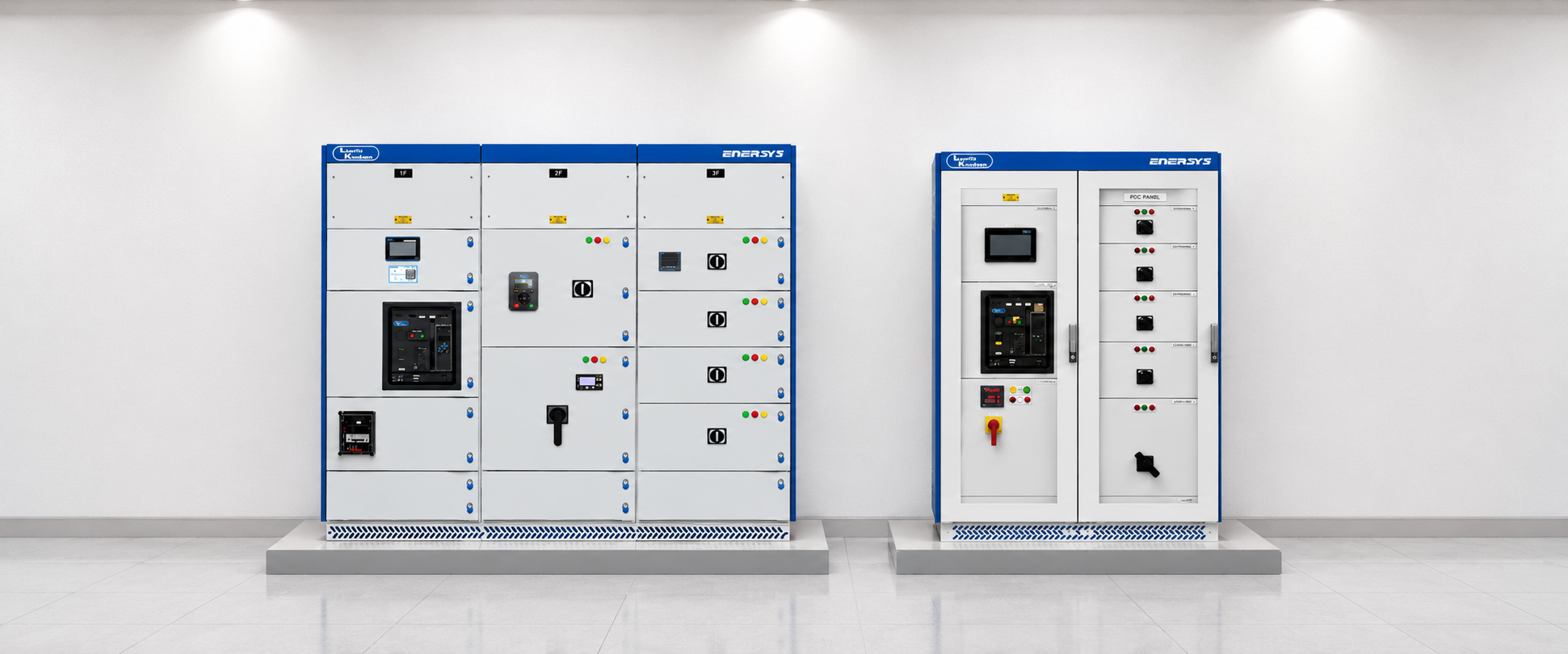 Lauritz Knudsen EnerSys panel lineup in a bright showroom